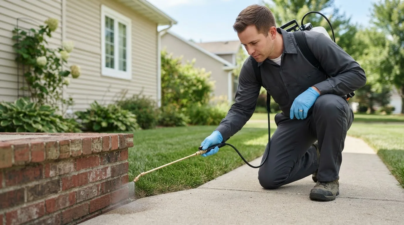 Pest control technician treating a home near Freeport, ME