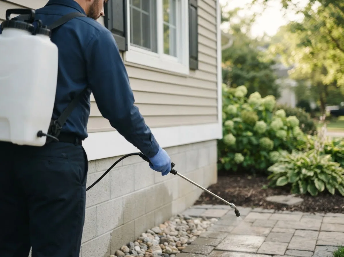 Pest control technician inspecting a home in Freeport, ME